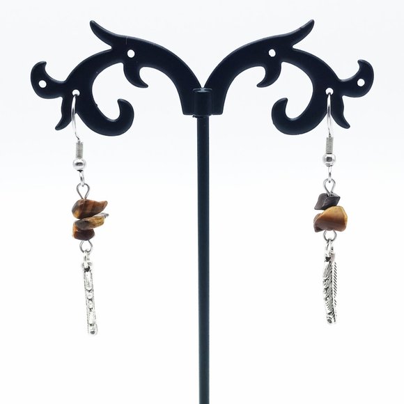 Tigereye Feather Chakra Healing Gemstone Dangle Drop Earrings Handmade - Picture 3 of 6